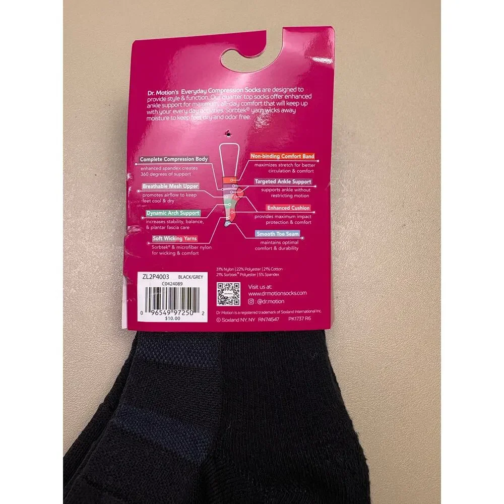 Dr. Motion Women’s Everyday Compression Quarter Socks 2 Pair Black Gray 9-11 NIP